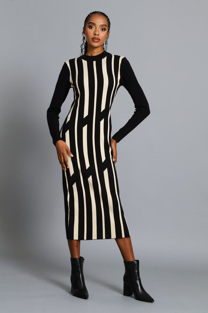 Abstract Knitwear Midi Dress - Beige/Black