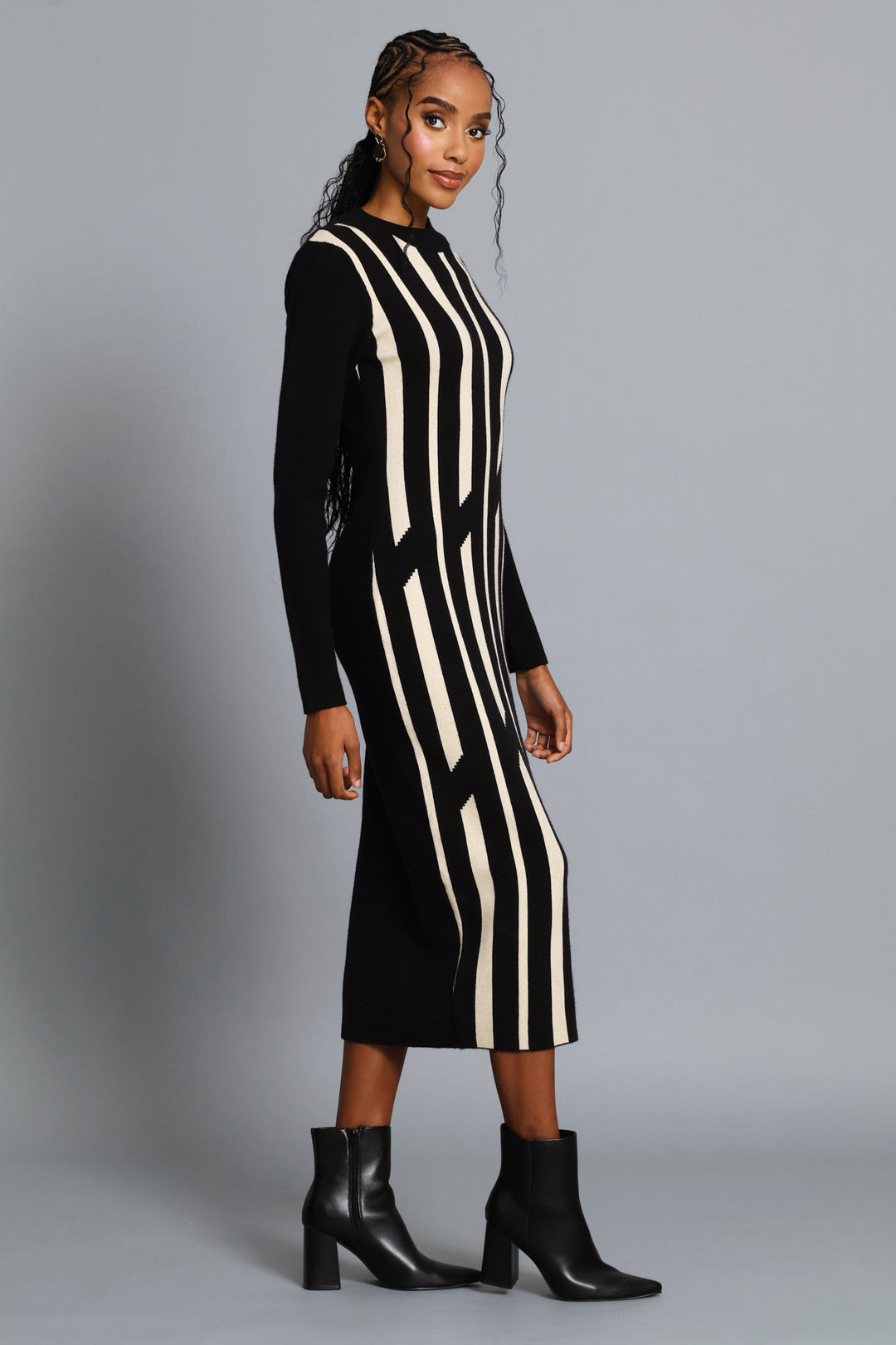 Abstract Knitwear Midi Dress - Beige/Black