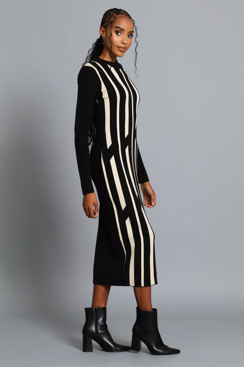 Abstract Knitwear Midi Dress - Beige/Black
