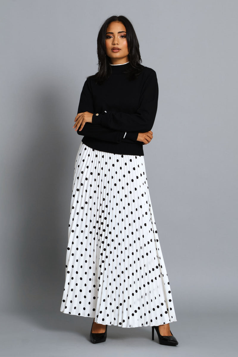 Pleated Spot Satin Maxi Skirt - Cream/Black