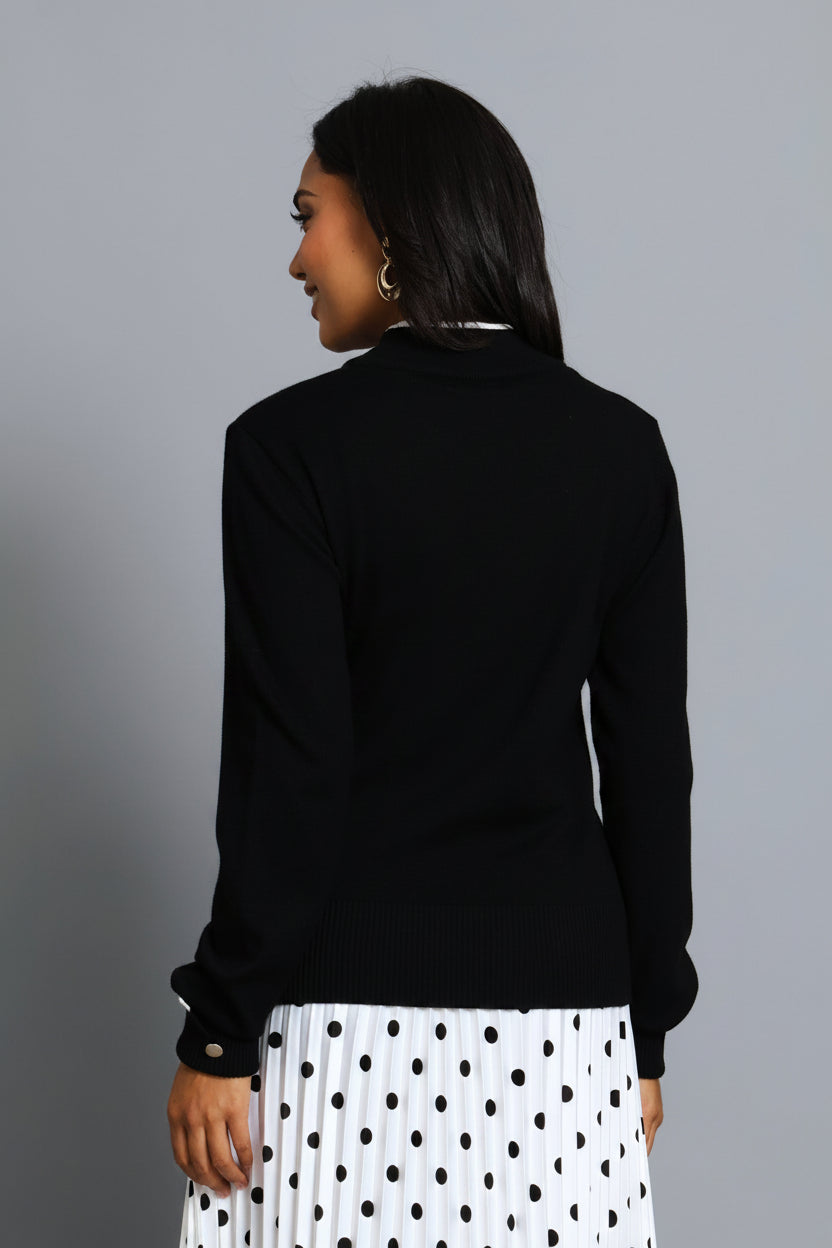 Turtleneck Turn Up Sleeve Pullover - Black