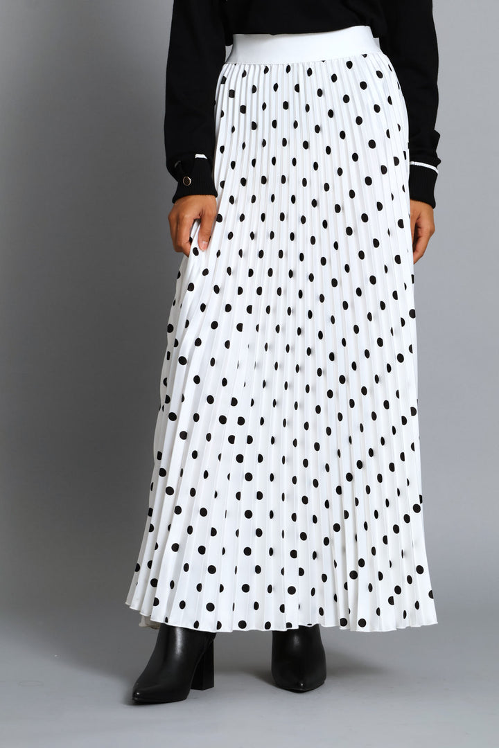 Pleated Spot Satin Maxi Skirt - Cream/Black