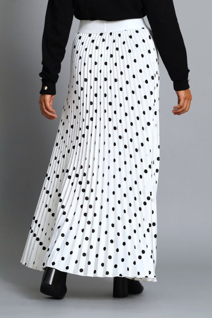 Pleated Spot Satin Maxi Skirt - Cream/Black
