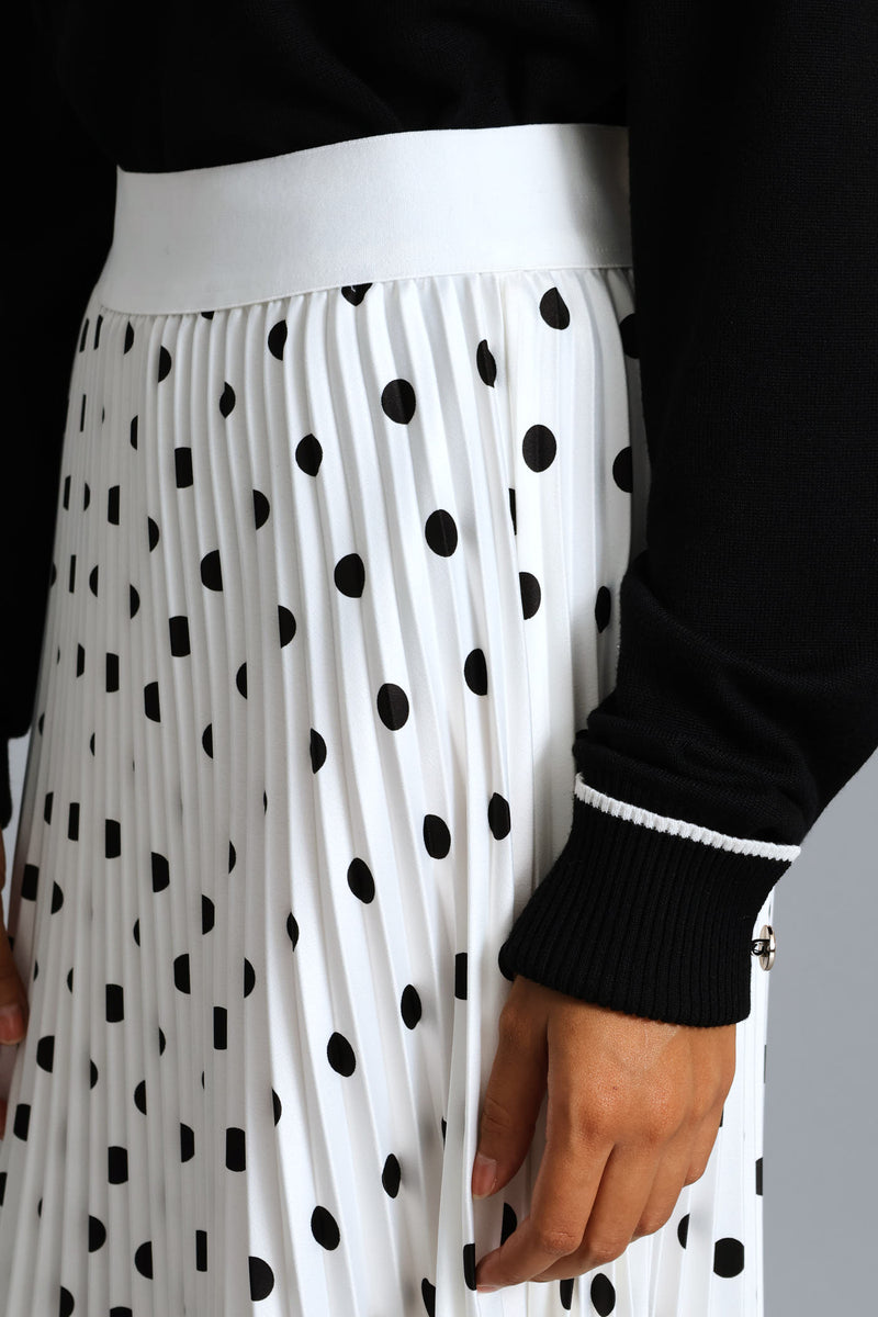 Pleated Spot Satin Maxi Skirt - Cream/Black