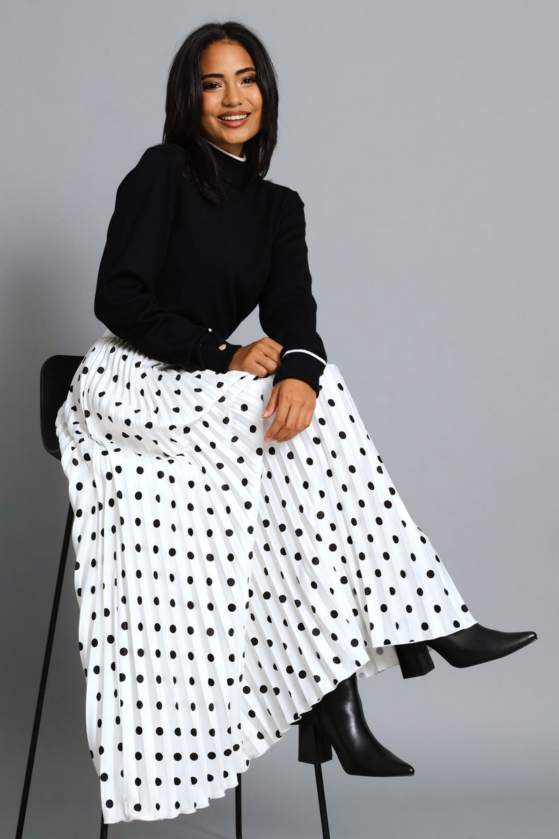 Pleated Spot Satin Maxi Skirt - Cream/Black