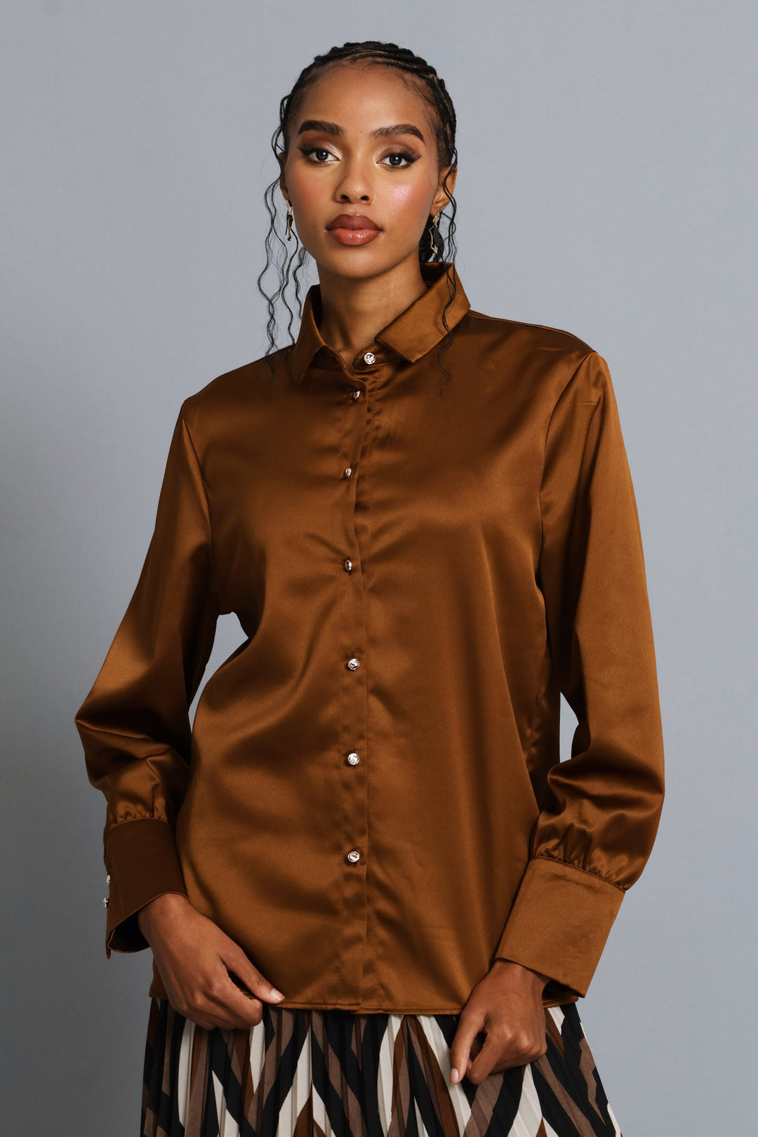 Fancy Button Satin Shirt - Bronze