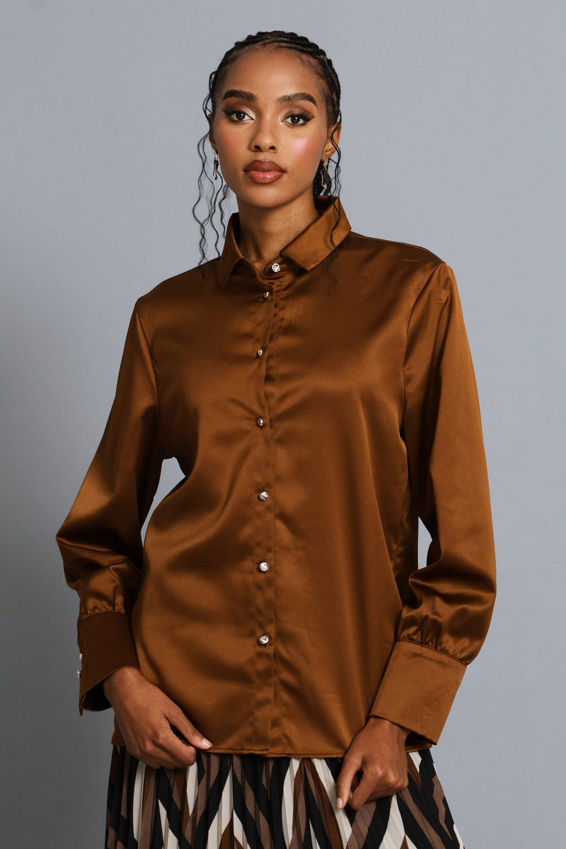 Fancy Button Satin Shirt - Bronze