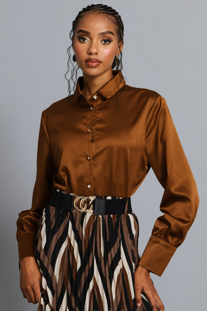 Fancy Button Satin Shirt - Bronze