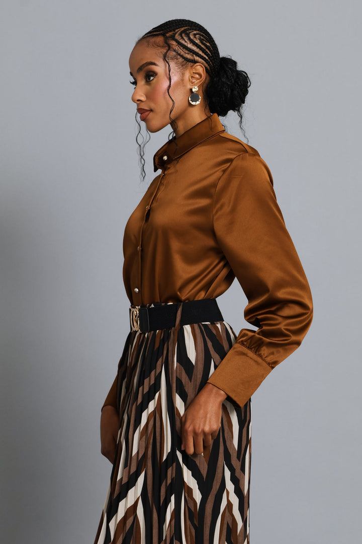 Fancy Button Satin Shirt - Bronze