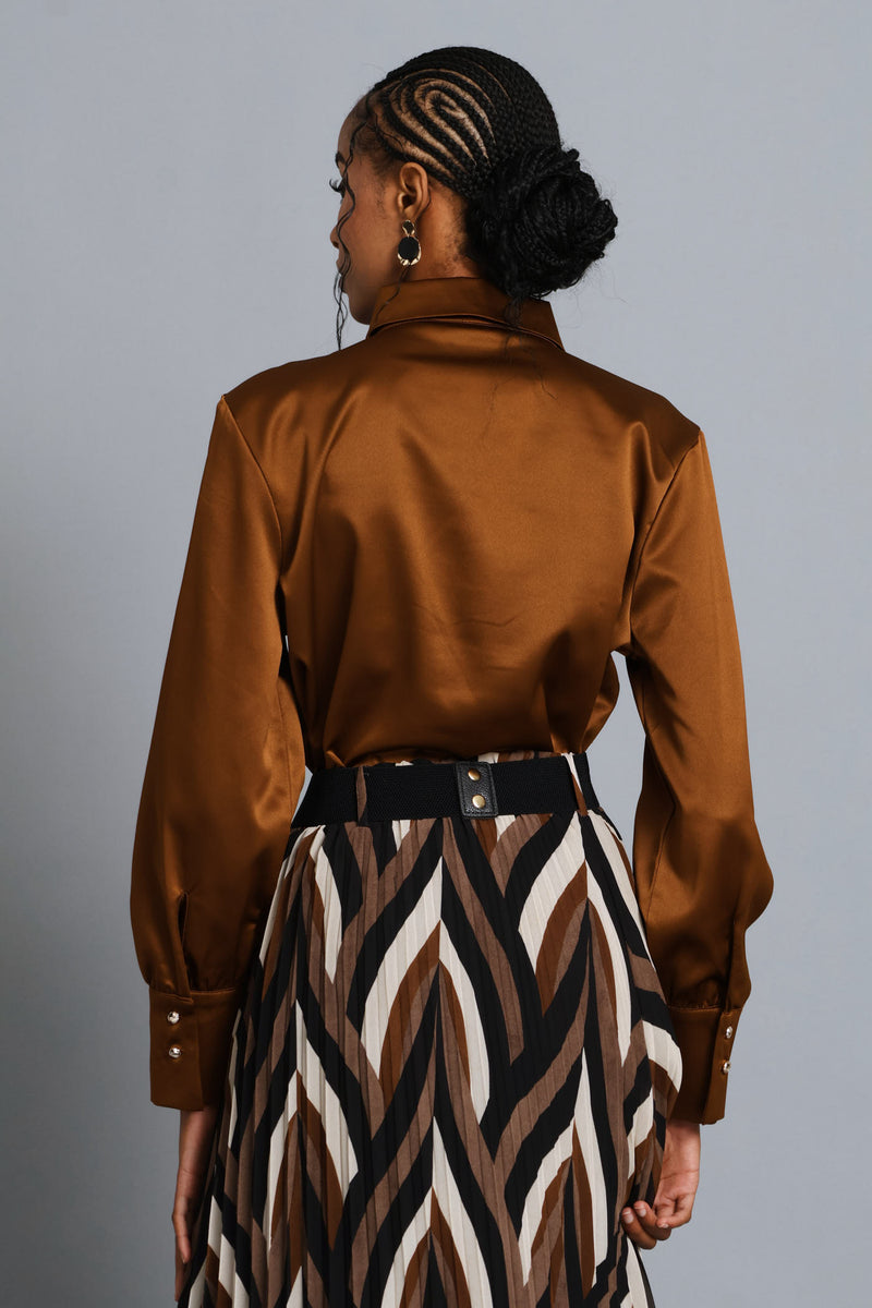 Fancy Button Satin Shirt - Bronze