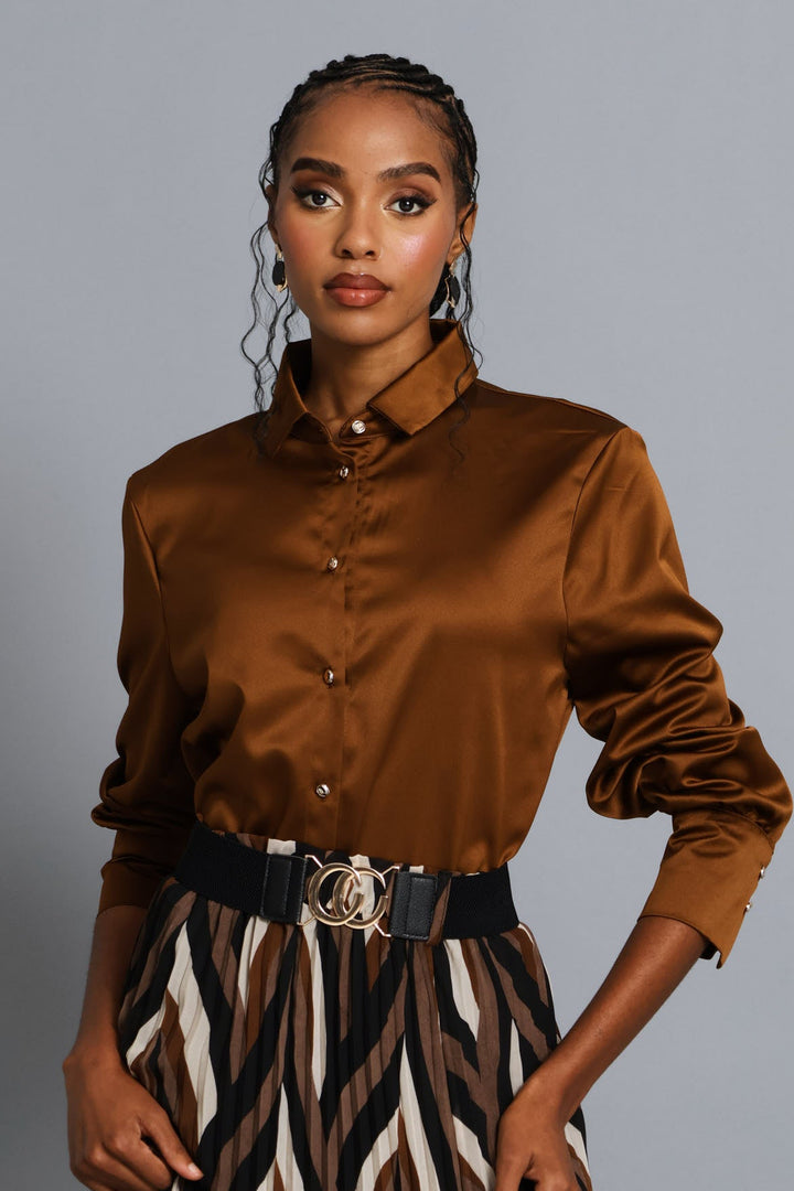 Fancy Button Satin Shirt - Bronze