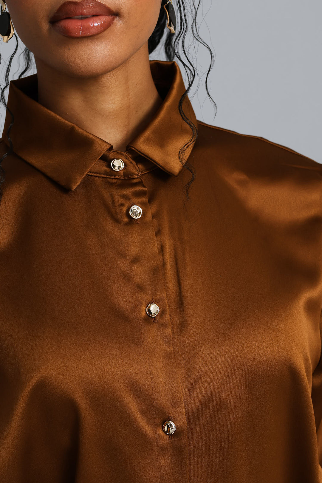 Fancy Button Satin Shirt - Bronze
