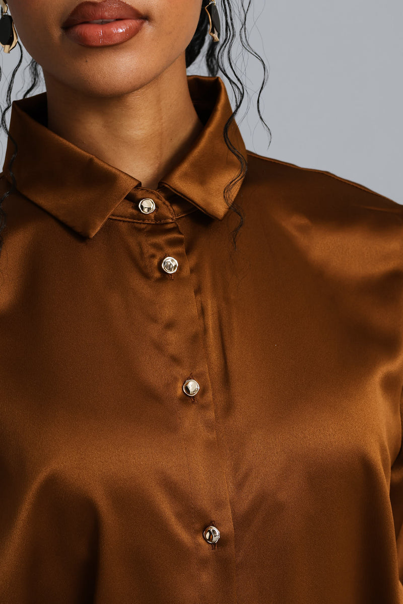 Fancy Button Satin Shirt - Bronze