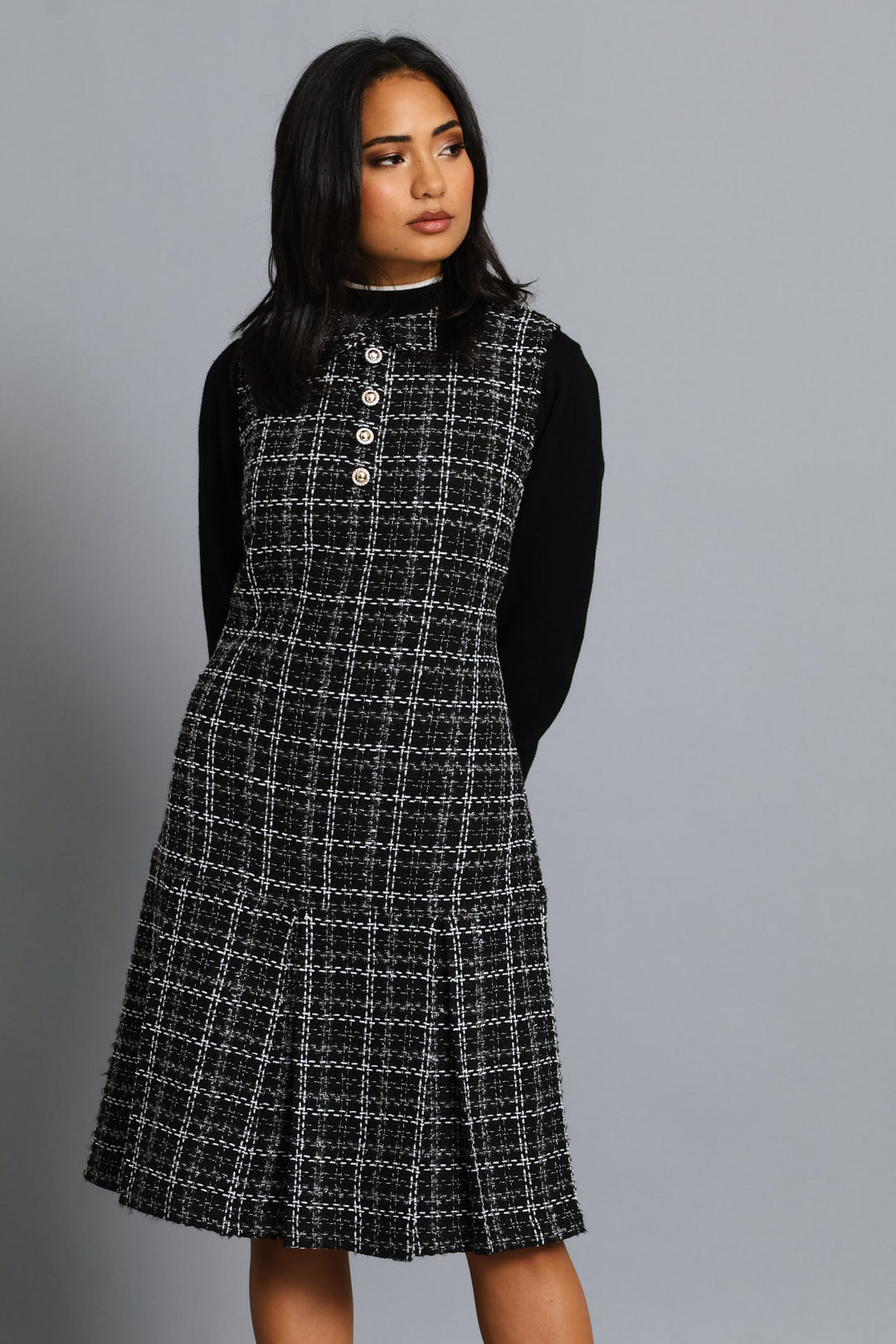 Peterpan Box Hem Tweed Dress - Black/White