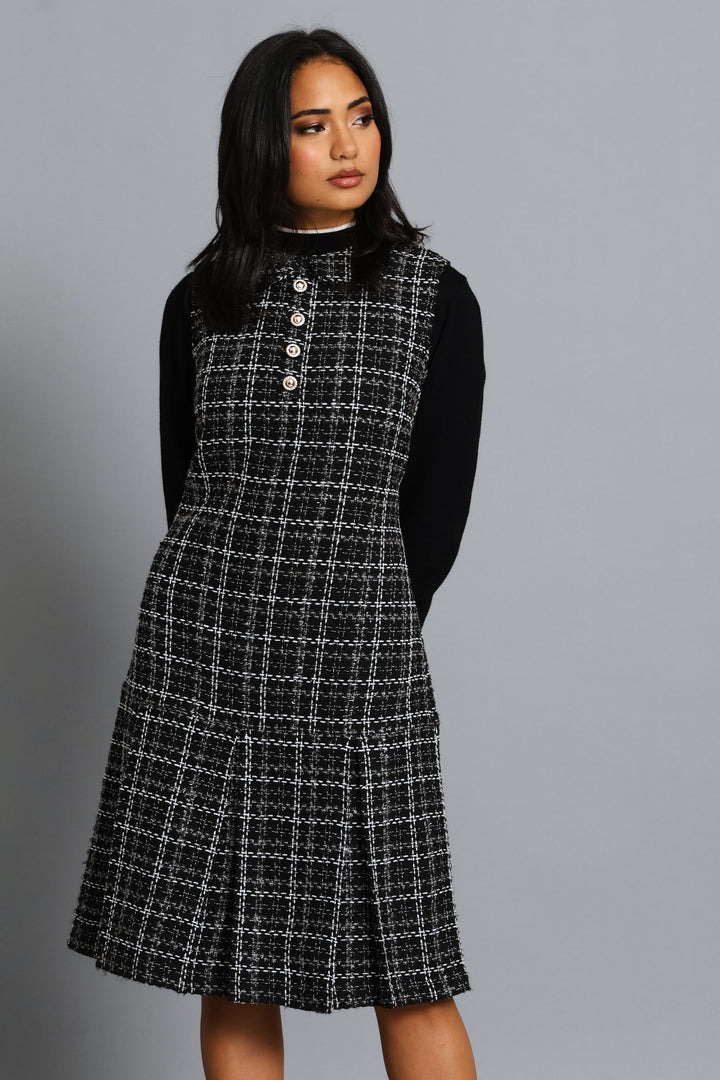Peterpan Box Hem Tweed Dress - Black/White