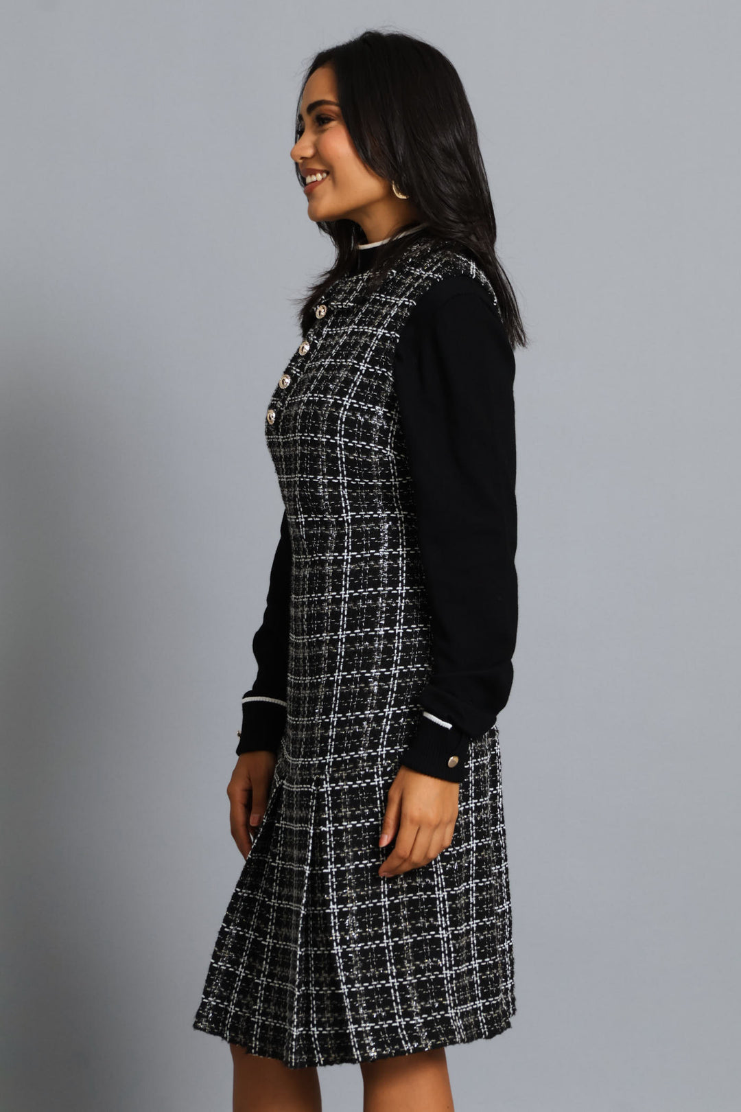 Peterpan Box Hem Tweed Dress - Black/White