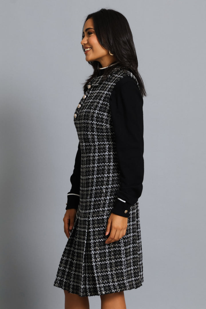Peterpan Box Hem Tweed Dress - Black/White