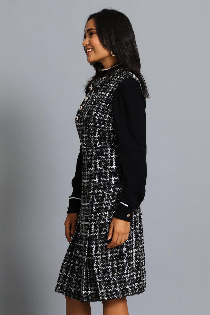Peterpan Box Hem Tweed Dress - Black/White