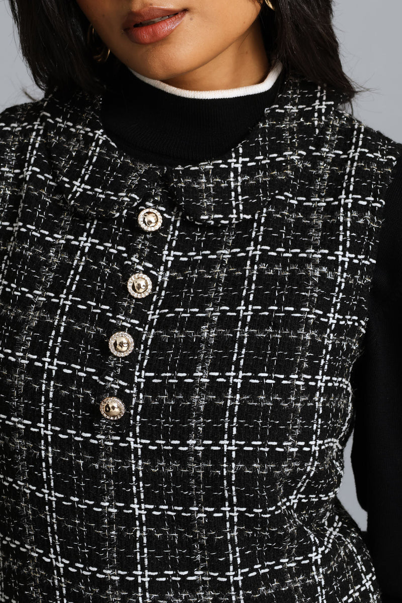 Peterpan Box Hem Tweed Dress - Black/White