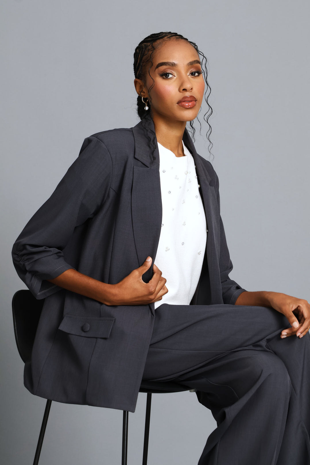 Ruched Sleeve Pocket Melange Blazer - Grey Melange
