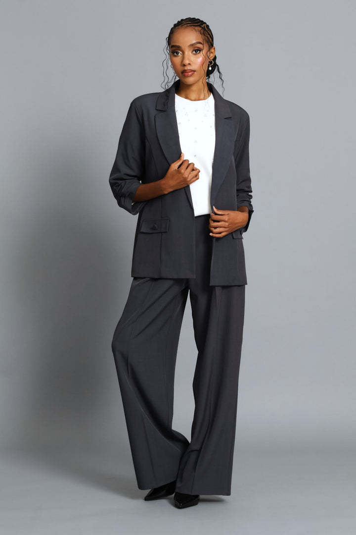 Ruched Sleeve Pocket Melange Blazer - Grey Melange