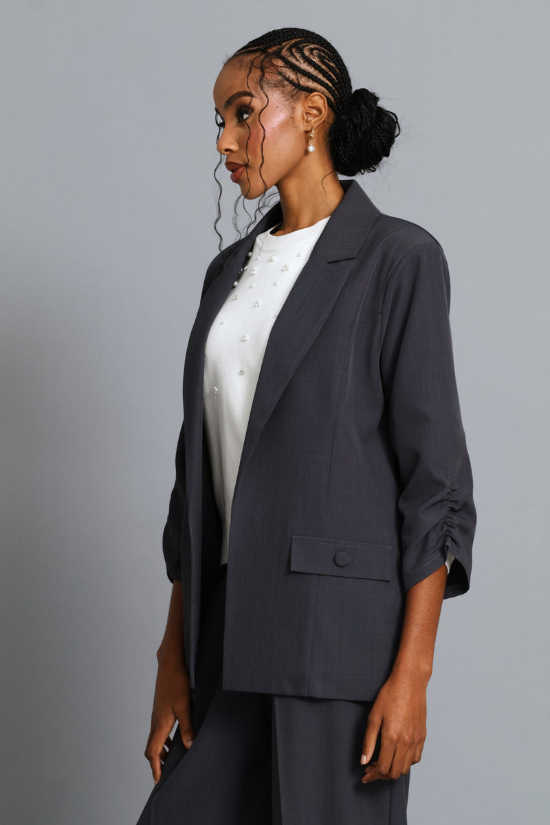 Ruched Sleeve Pocket Melange Blazer - Grey Melange