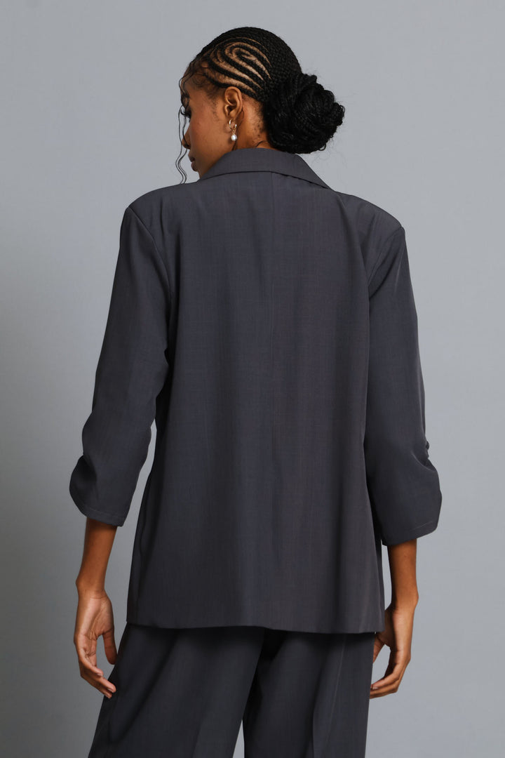 Ruched Sleeve Pocket Melange Blazer - Grey Melange