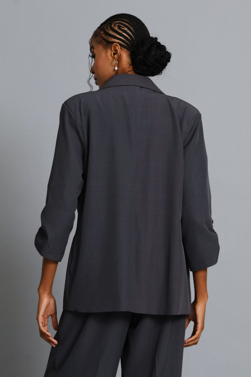 Ruched Sleeve Pocket Melange Blazer - Grey Melange