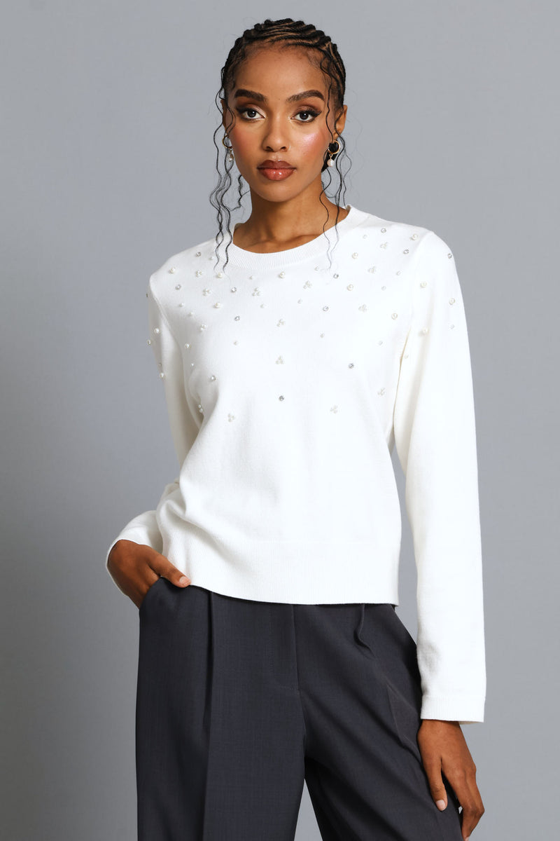 Pearl Embellished Pullover - Cream