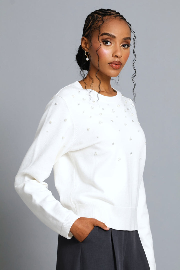 Pearl Embellished Pullover - Cream
