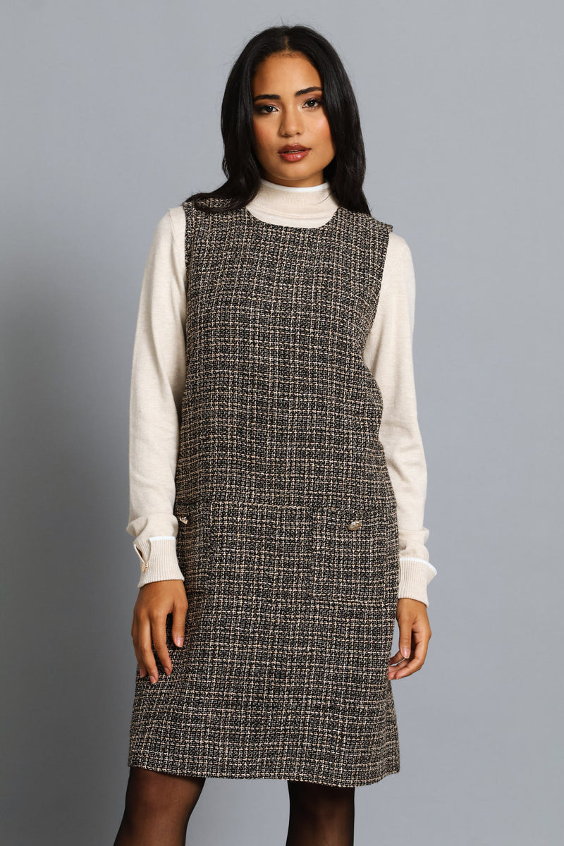 Pocket Flap Shift Tweed Dress - Black