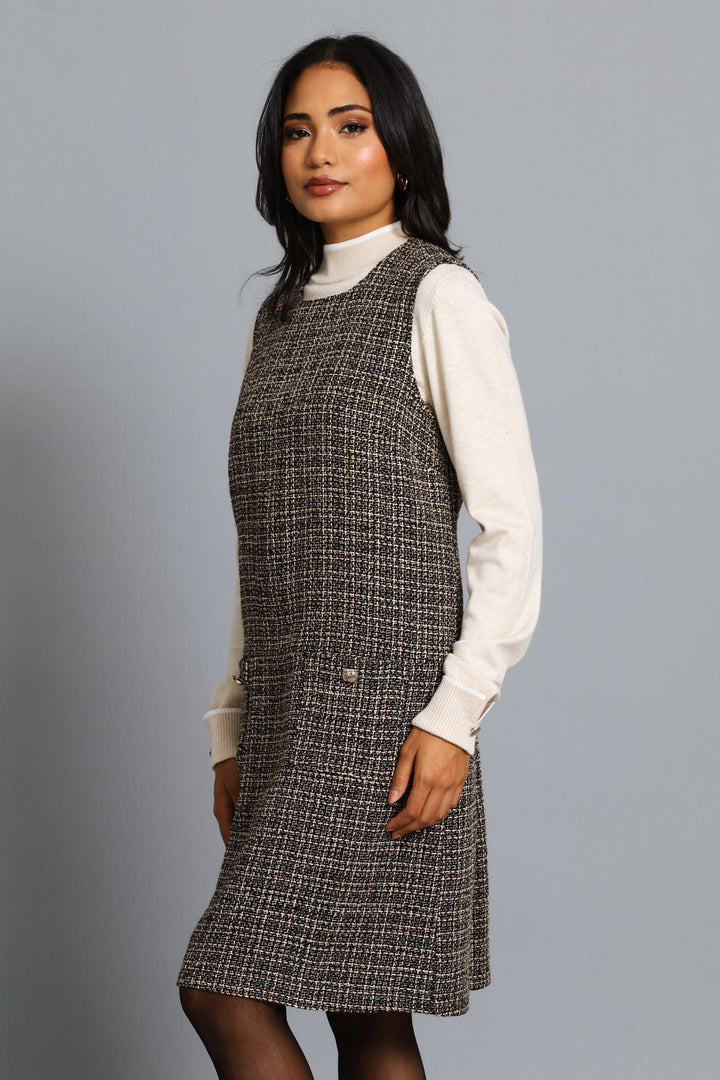 Pocket Flap Shift Tweed Dress - Black