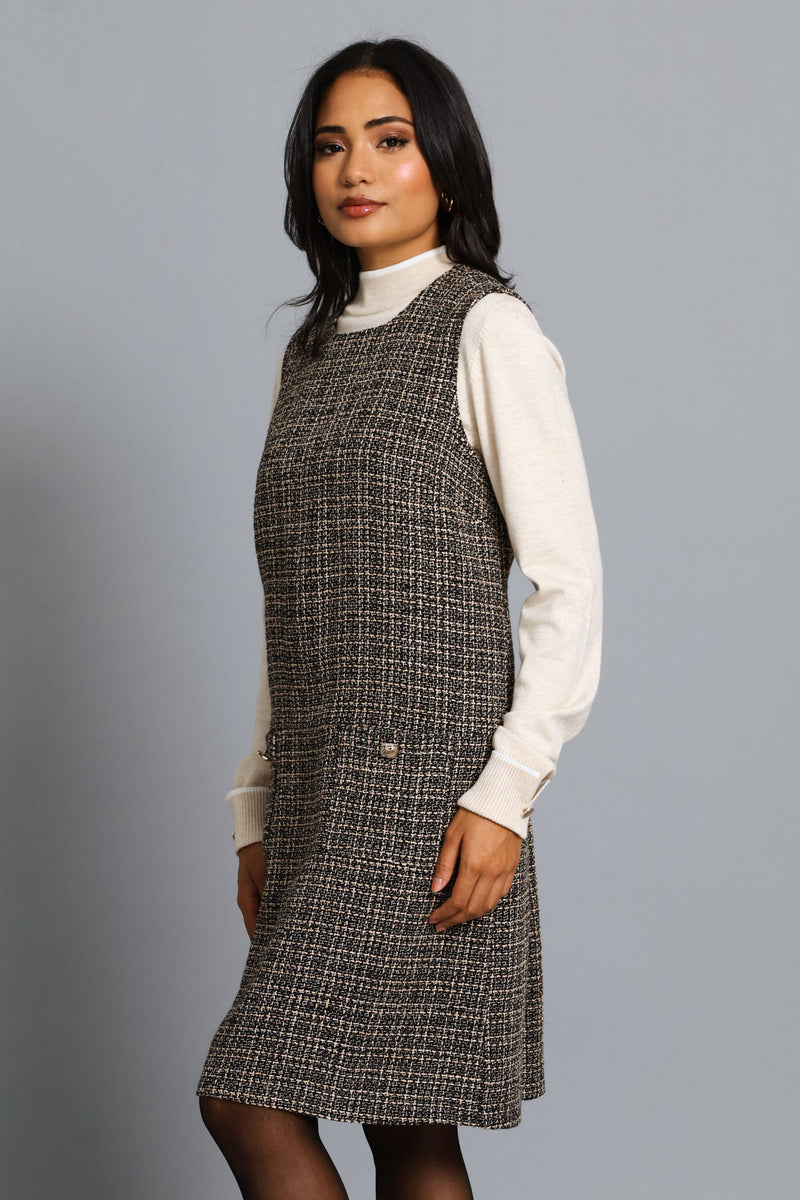 Pocket Flap Shift Tweed Dress - Black