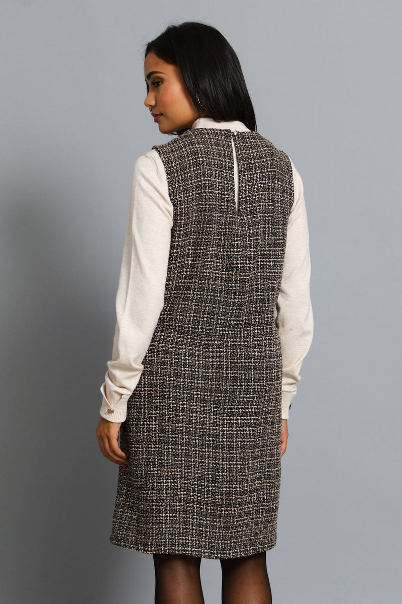 Pocket Flap Shift Tweed Dress - Black