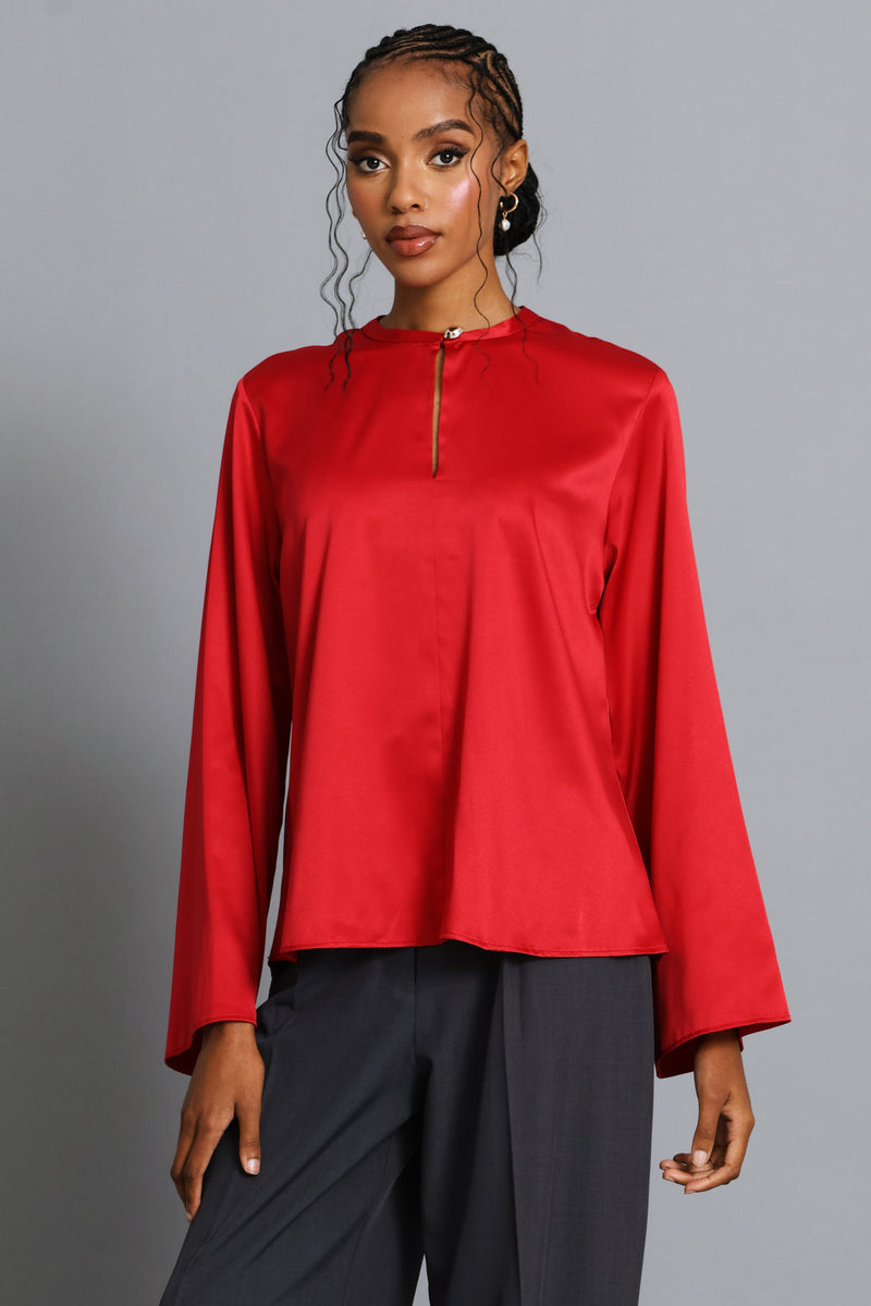 Keyhole Button Satin Blouse - Dark Red