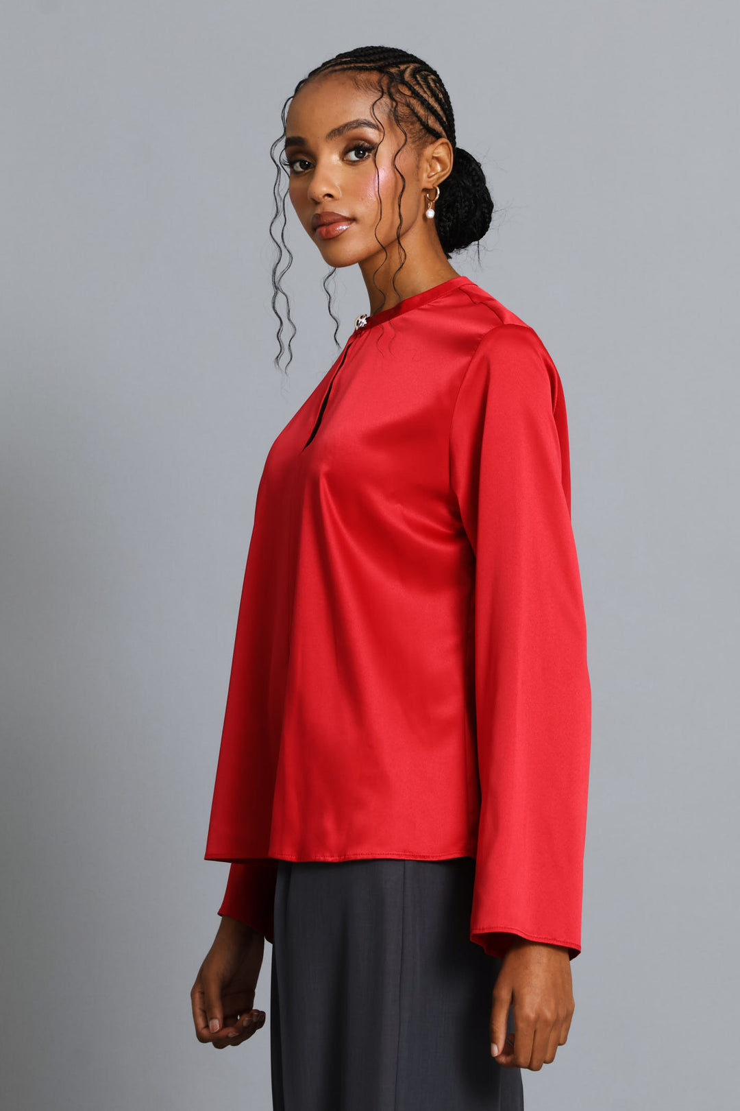 Keyhole Button Satin Blouse - Dark Red