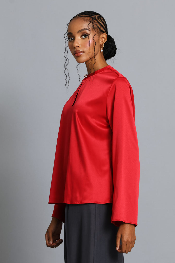 Keyhole Button Satin Blouse - Dark Red