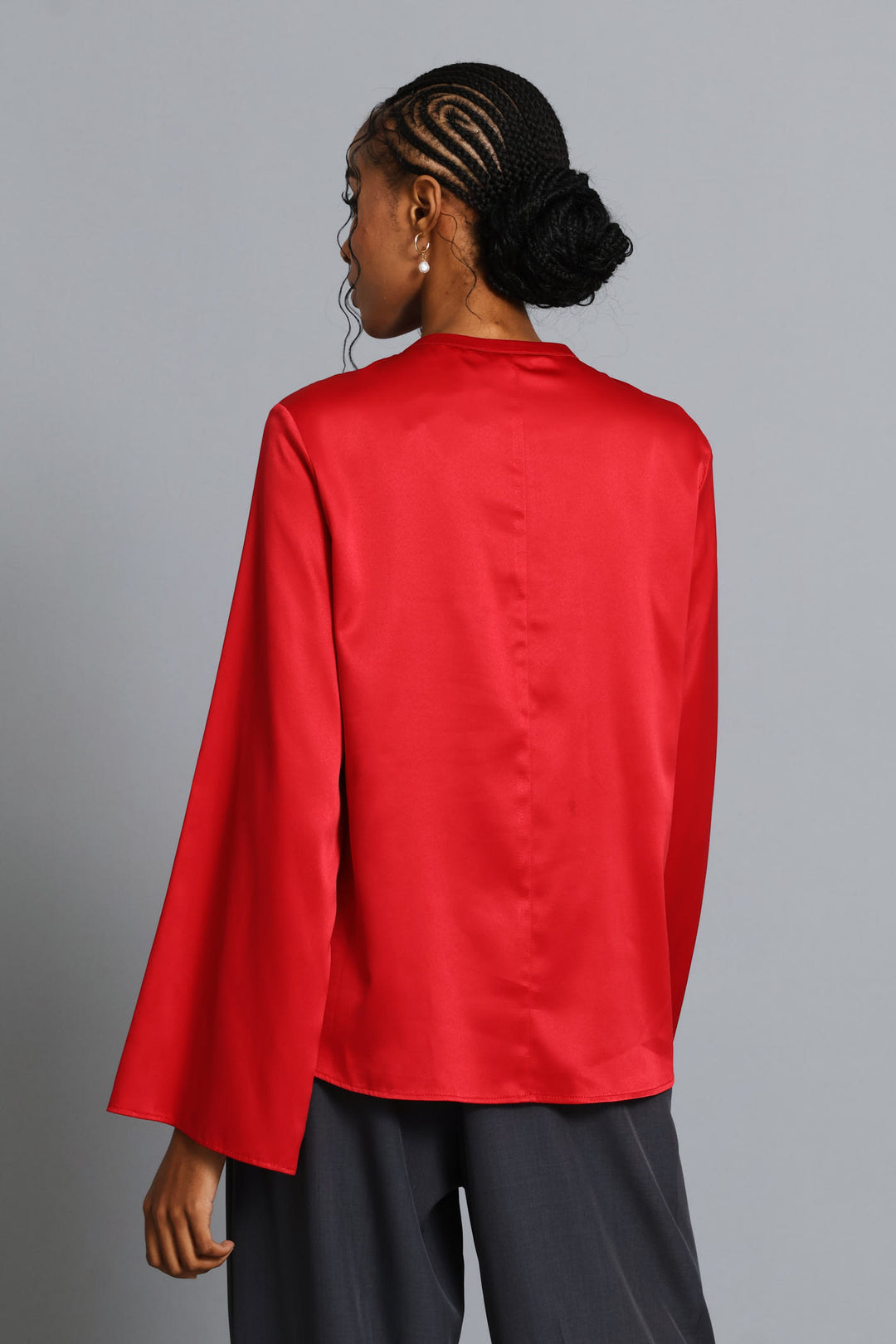 Keyhole Button Satin Blouse - Dark Red