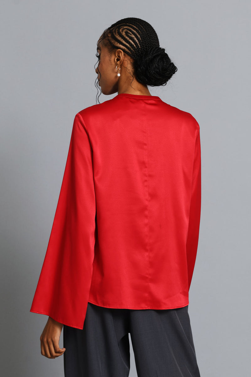 Keyhole Button Satin Blouse - Dark Red