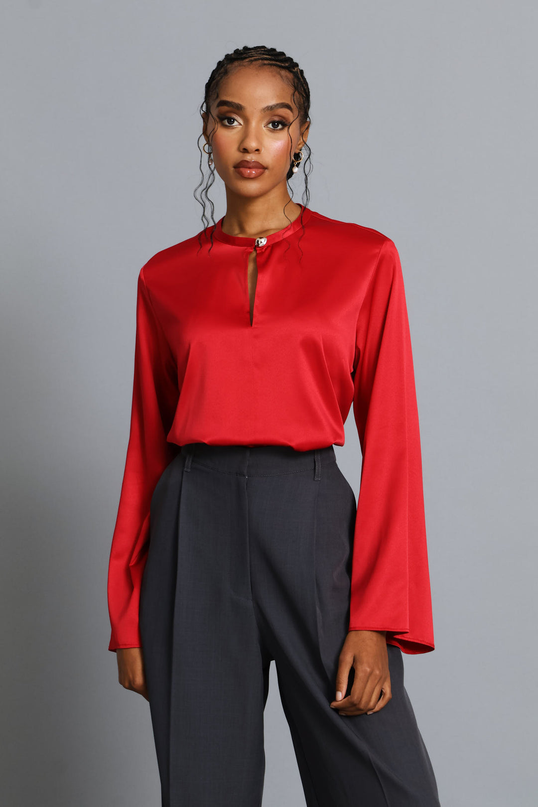 Keyhole Button Satin Blouse - Dark Red