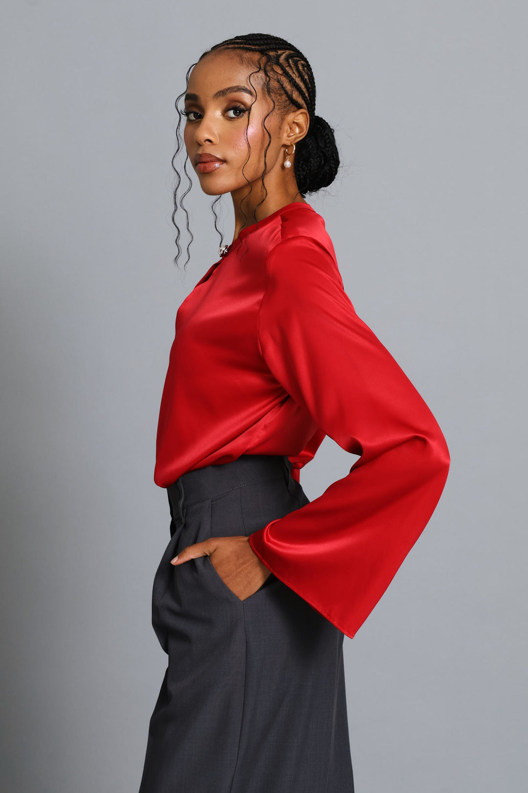 Keyhole Button Satin Blouse - Dark Red
