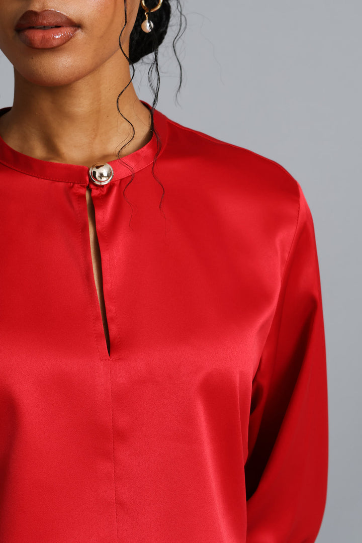 Keyhole Button Satin Blouse - Dark Red