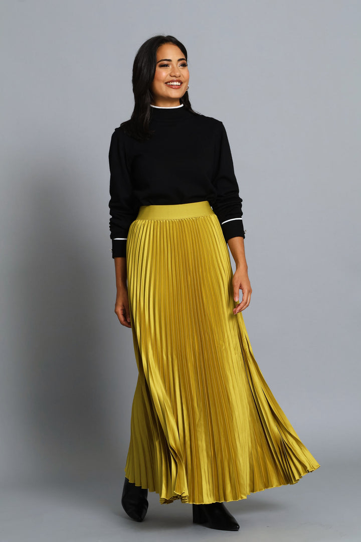 Pleated Satin Maxi Skirt - Bright Chartreuse