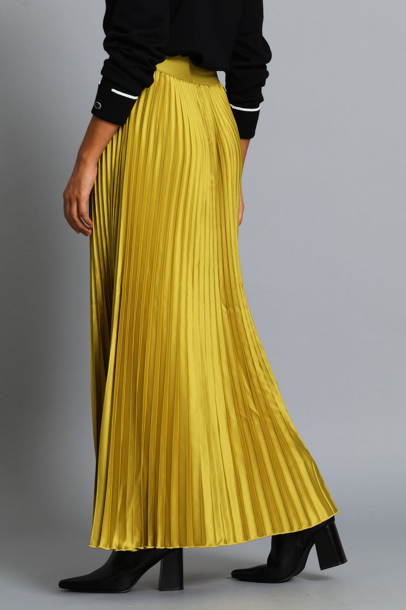 Pleated Satin Maxi Skirt - Bright Chartreuse