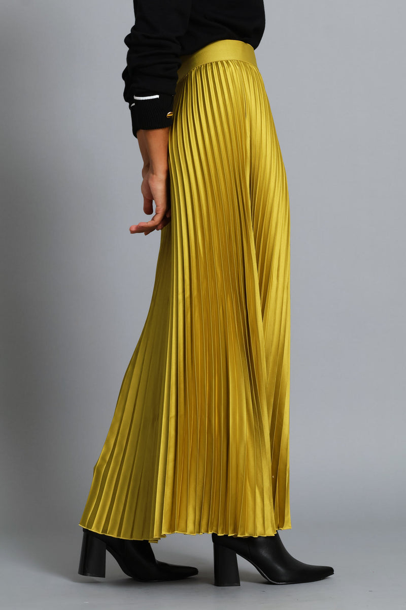 Pleated Satin Maxi Skirt - Bright Chartreuse