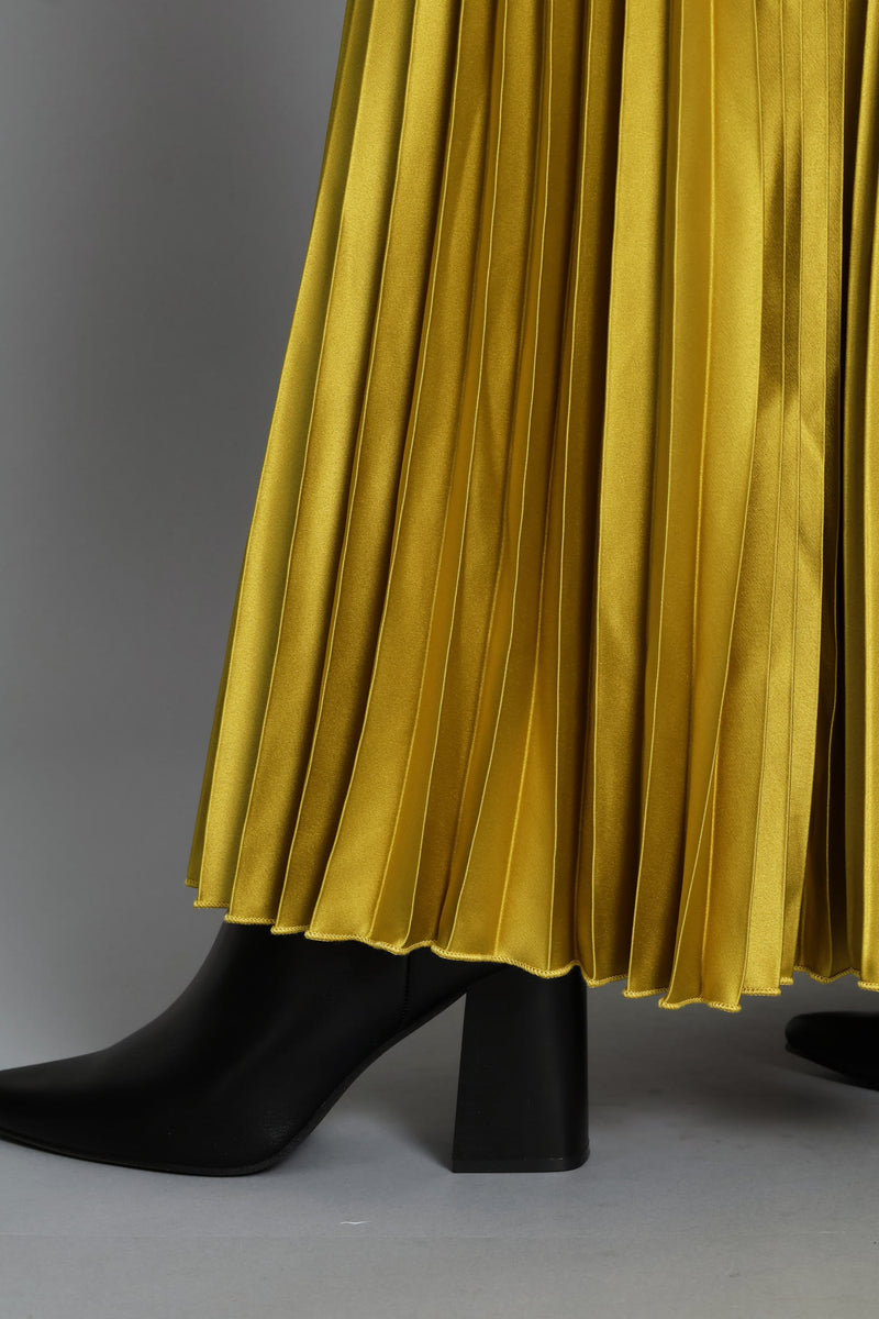 Pleated Satin Maxi Skirt - Bright Chartreuse