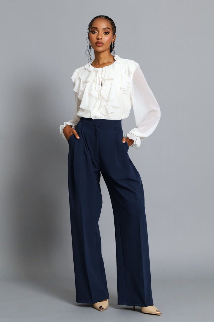 Double Pleat Wide Leg Pant - Dark Navy