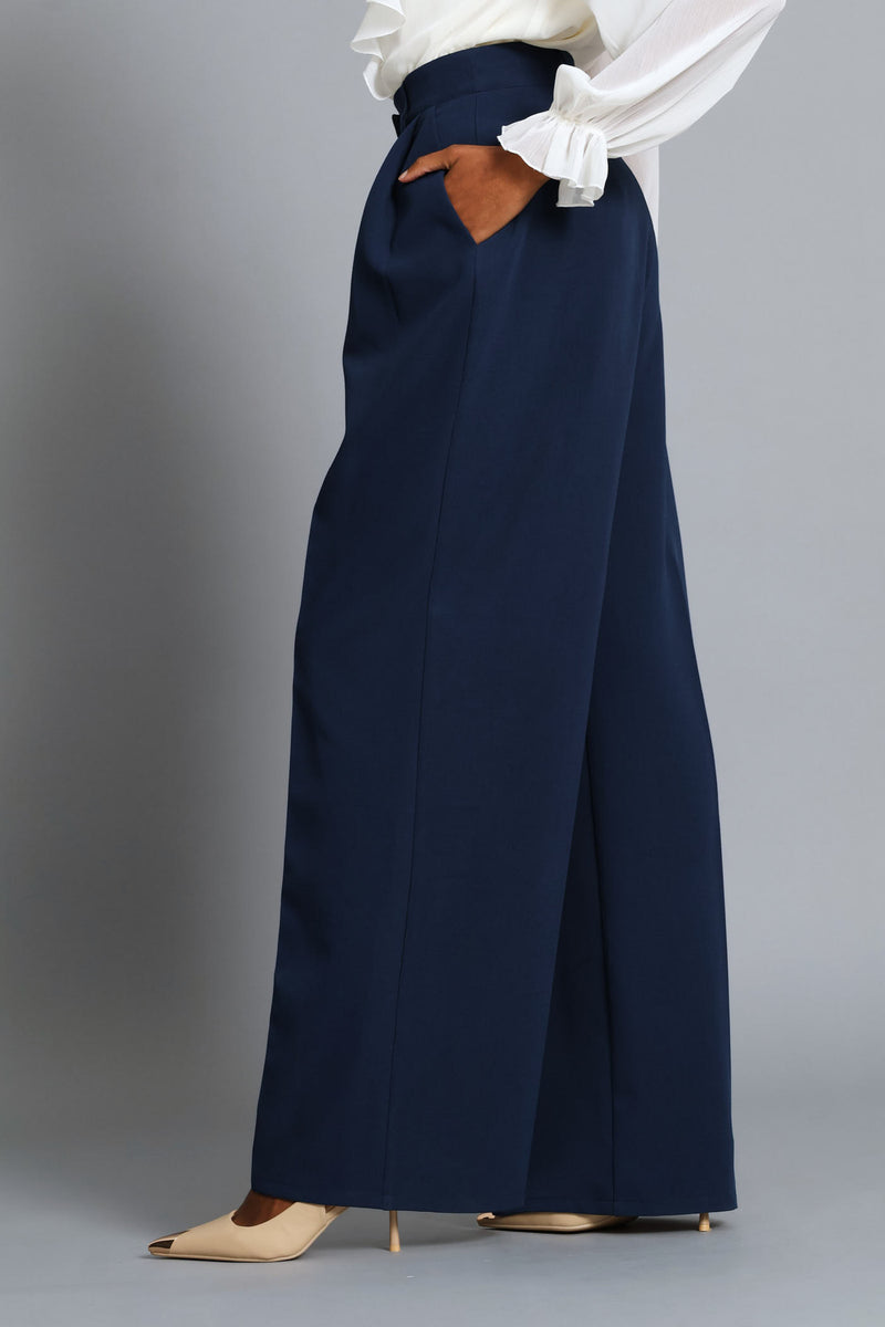 Double Pleat Wide Leg Pant - Dark Navy