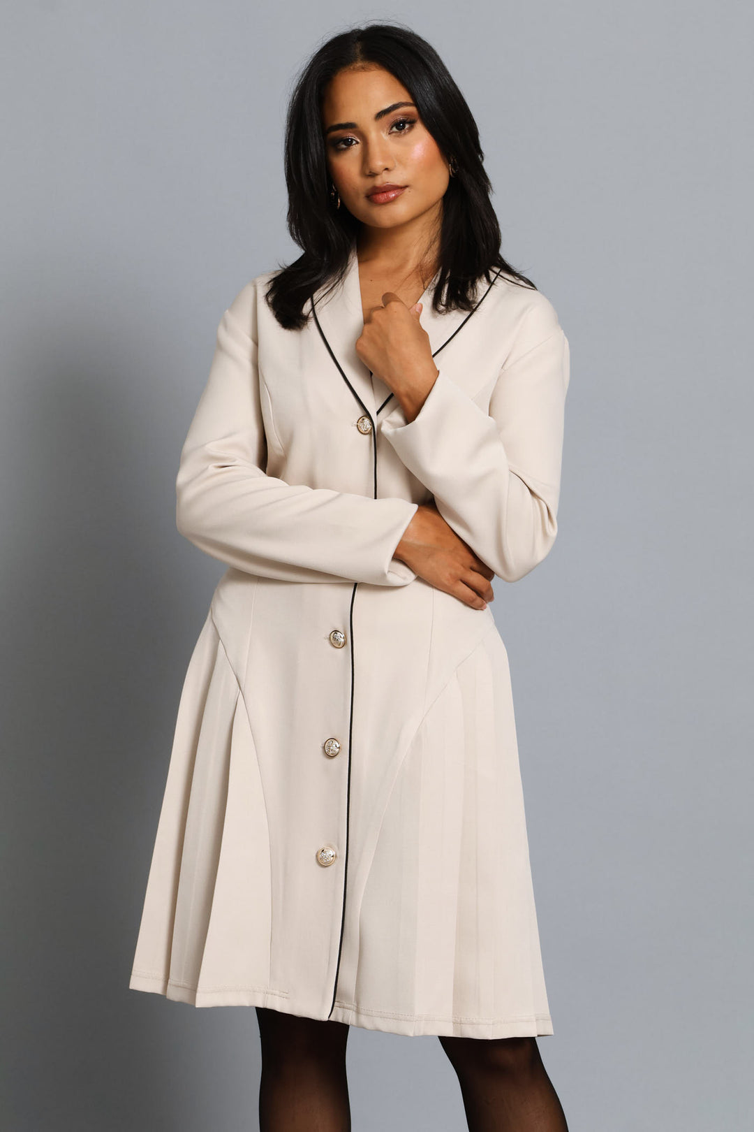 Collared Button Thru Pleated Dress - Cream