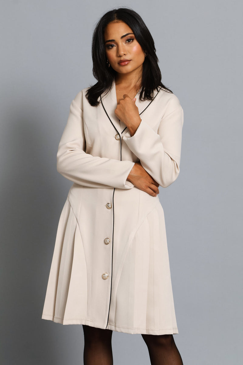 Collared Button Thru Pleated Dress - Cream